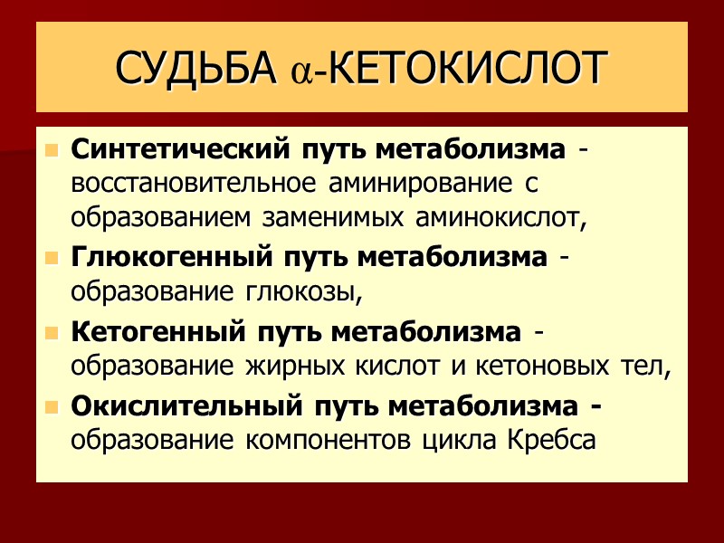 СУДЬБА α-КЕТОКИСЛОТ Синтетический путь метаболизма - восстановительное аминирование с образованием заменимых аминокислот, Глюкогенный путь